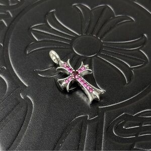Chrome Hearts Silver Cross Necklace with Pink Gems